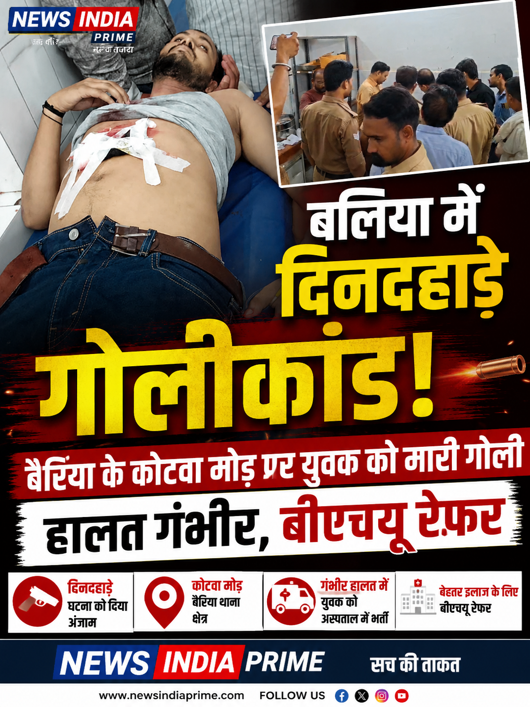 बलिया में दिनदहाड़े गोलीकांड! बैरिया के कोटवा मोड़ पर युवक को मारी गोली, हालत गंभीर, बीएचयू रेफर