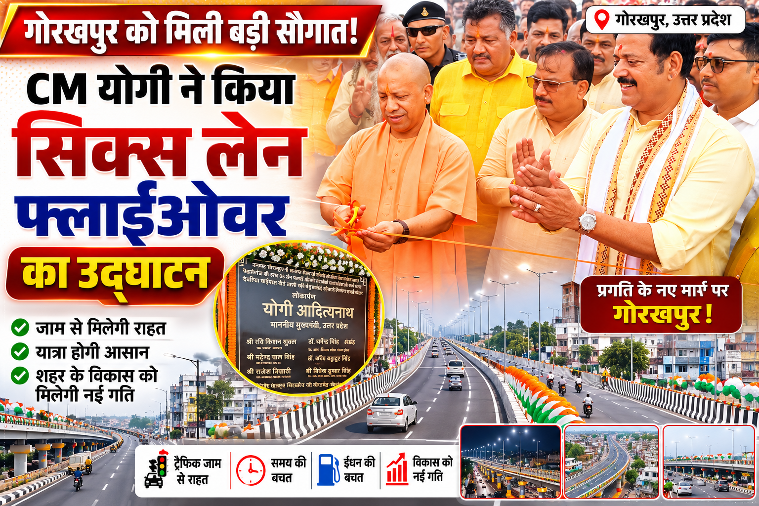 मुख्यमंत्री योगी आदित्यनाथ ने किया गोरखपुर सिक्स लेन फ्लाईओवर का उद्घाटन जाम से मिलेगी राहत, शहर के विकास और यातायात को मिलेगी नई गति