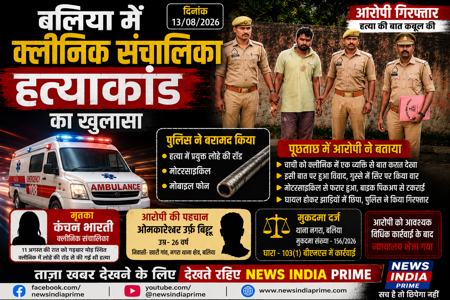 बलिया के नगरा थाना क्षेत्र में क्लीनिक संचालिका कंचन भारती हत्याकांड का पुलिस ने खुलासा कर दिया है।