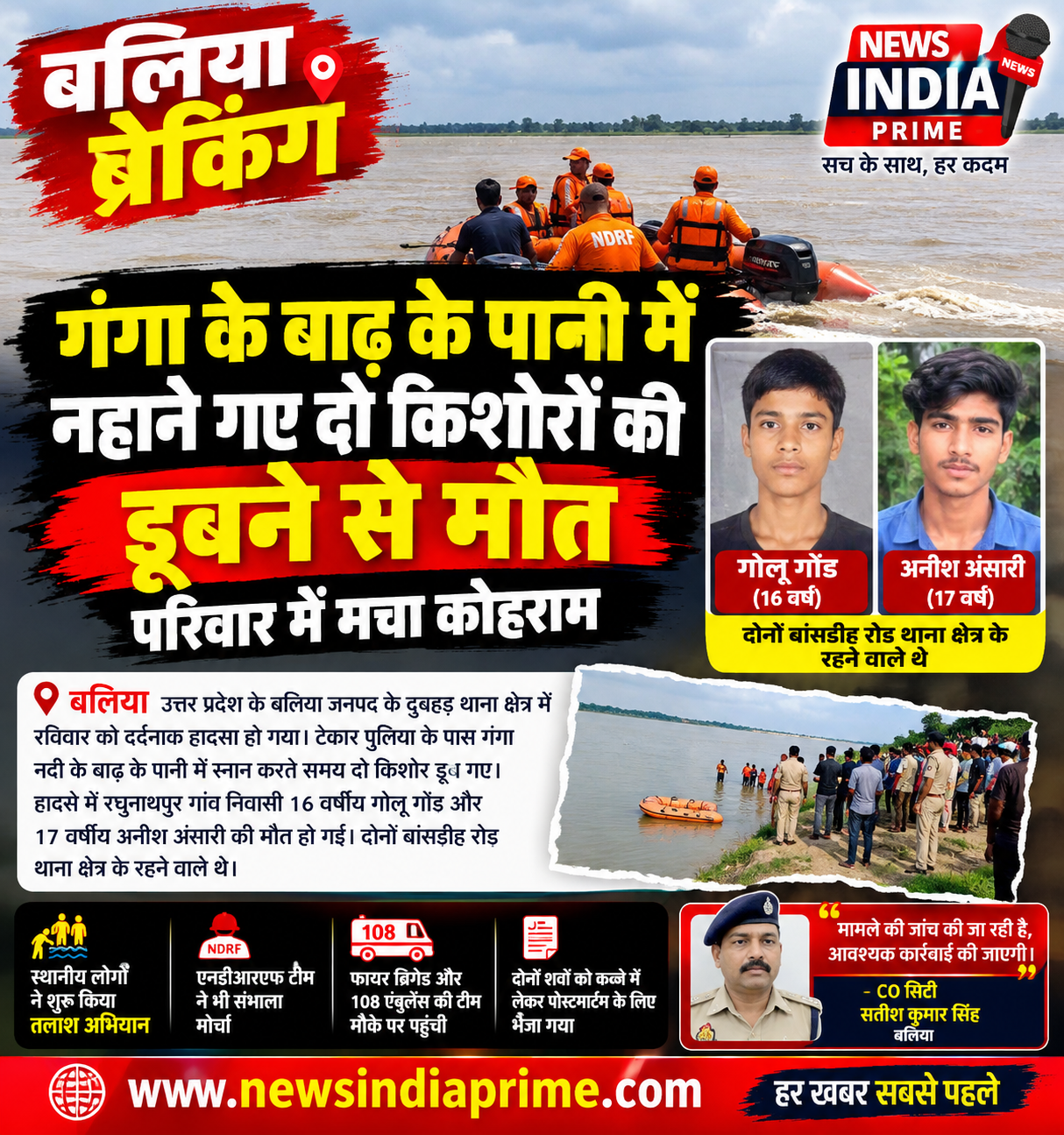 बलिया में गंगा के बाढ़ के पानी में डूबने से दो किशोरों की मौत, परिवार में मचा कोहराम